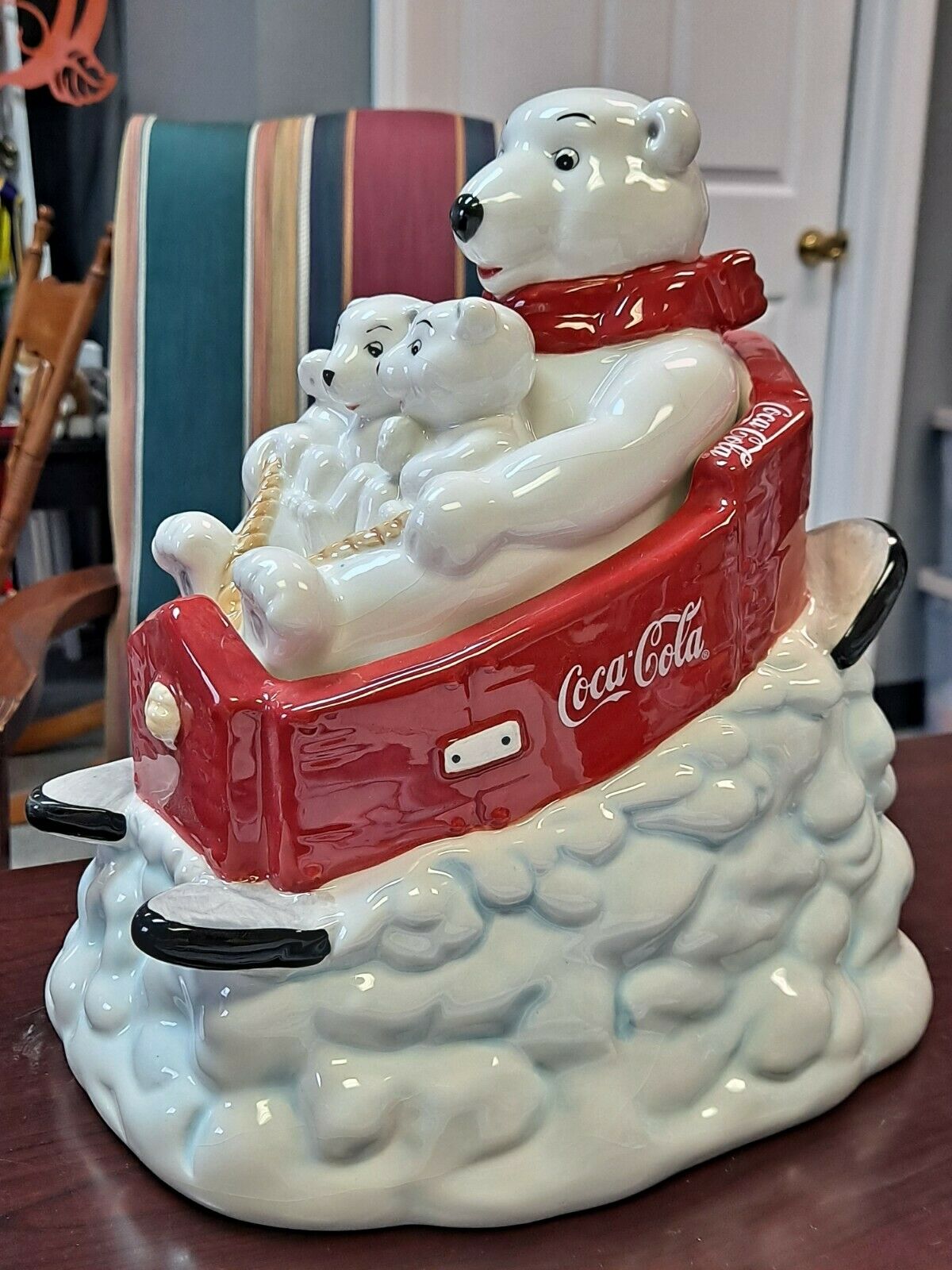 Gibson Coca Cola Polar Bears sledding cookie jar