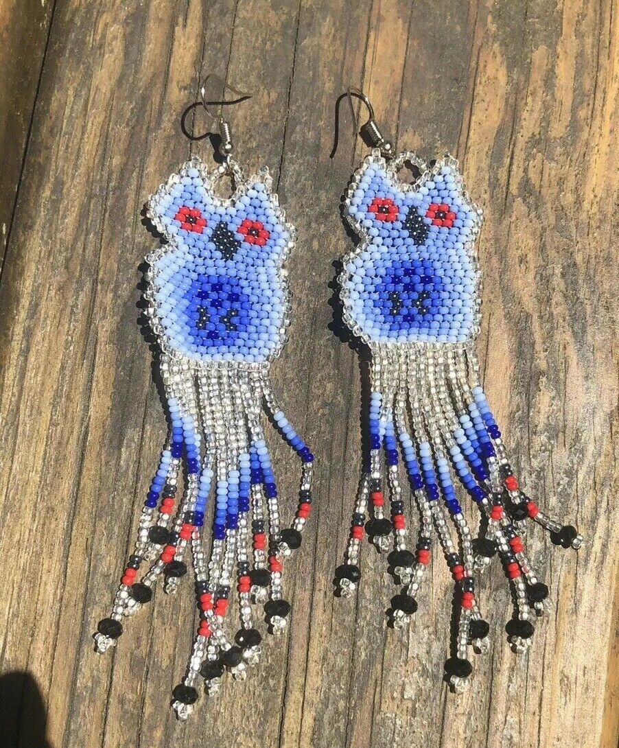 Traditional Handmade HUICHOL MEXICAN PEYOTE ART Beaded Earrings OWLS